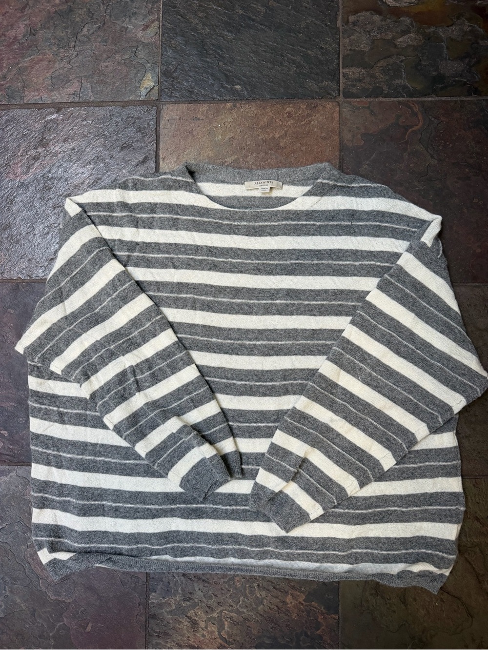 AllSaints Gray and Cream Striped Crewneck Sweater